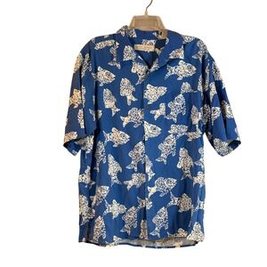 Island Republic L Fish Print‎ Button Down L Blue Short Sleeve Silk Blend Beach